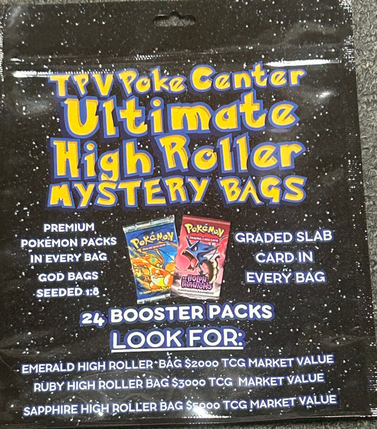 TPV POKE CENTER ULTIMATE HIGH ROLLER MYSTERY BAG CASE (8 BAGS) . 24 PACKS PER BAG PACKS.  1 SLAB  TOP CHASE 5K